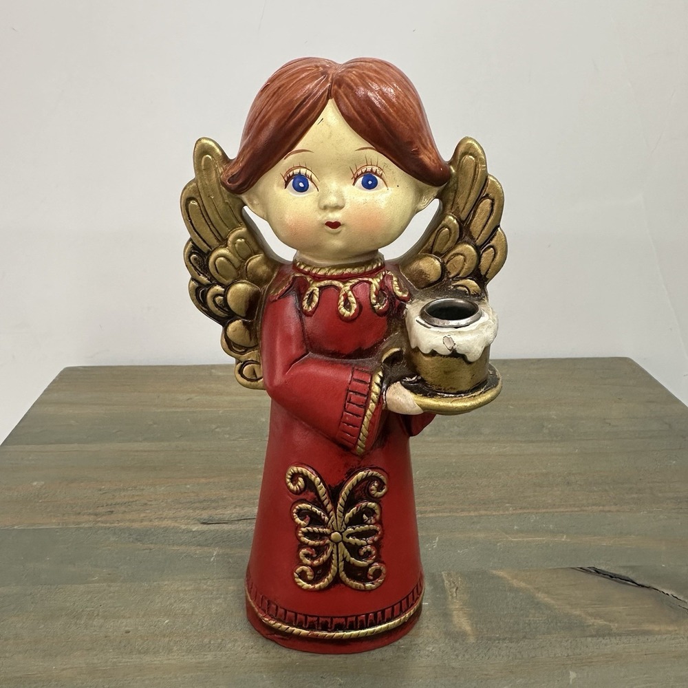 Vintage Chalkware Angel Taper Candle Holder Figurine Red Gold Japan Christmas